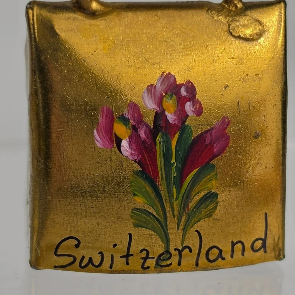 Vintage Switzerland Souvenir Bell Hand Painted Bag Shape Metal